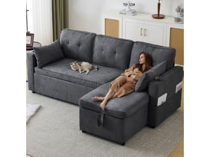 Canapé d’angle convertible en l 3 places avec méridienne réversible, fonction lit, coffre de rangement, porte-gobelets, poches latérales et 2 coussins - gris