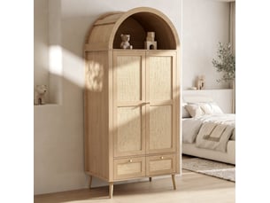 Armoire 2 portes, 2 tiroirs, penderie et niche ouverte, décor chêne et rotin beige pour chambre, 80 × 55 × 180 cm