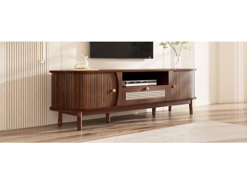  Meuble tv rotin et noyer avec portes coulissantes 165cm  - Conforama E