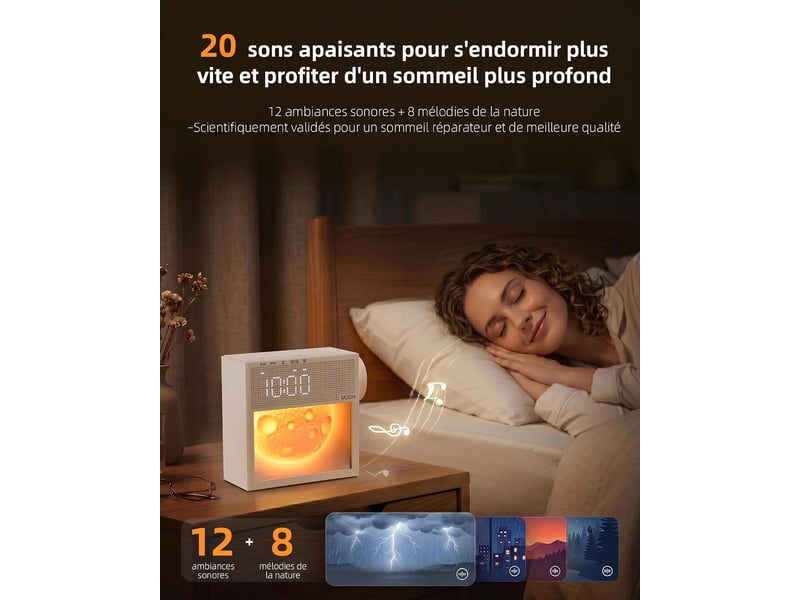 Réveil simulateur d’aube, lumière de réveil, chevet, bruit blanc - Conforama C
