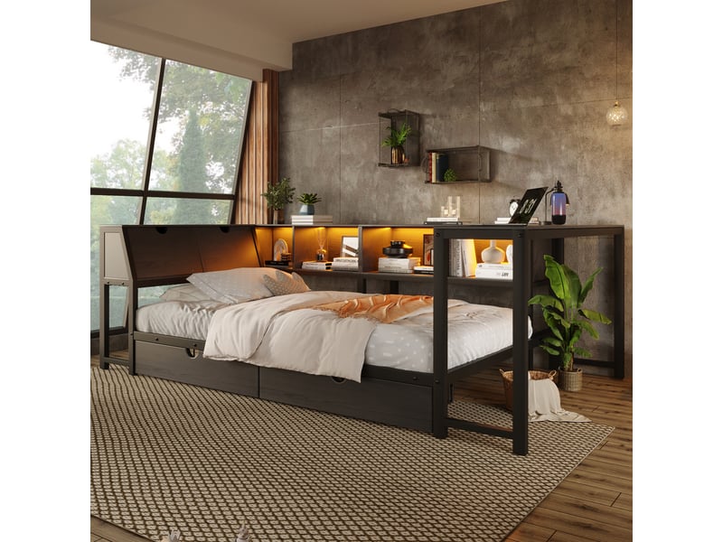  Lit en métal 90x200 avec tête de lit de rangement, éclairage led, bureau et tiroirs, lit multifonctionnel  - Conforama B