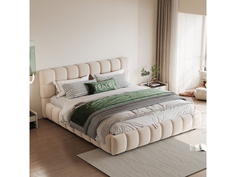  Lit coffre 140x190 cm rembourré, rangement hydraulique, velours beige, tête de lit et côtés capitonnés, sommier à lattes  - Conforama D