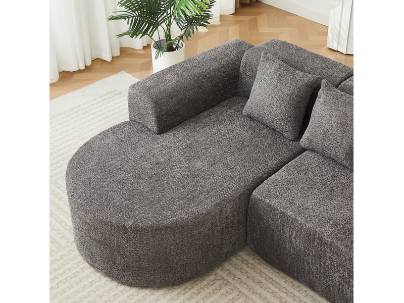  Canapé d'angle gauche 222x157 cm anthracite en chenille, 3 places avec 3 coussins de dossier, design arrondi  - Conforama E