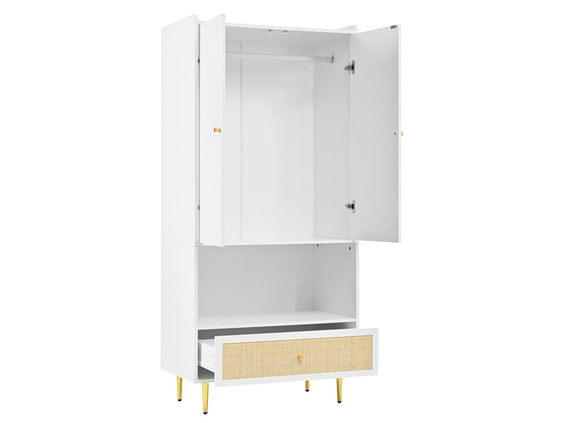  Armoire chambre 80x48x175 cm - 2 portes, penderie, tiroir en rotin pe, étagère ouverte, blanc  - Conforama E