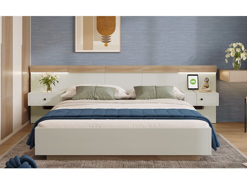  Lit double,180x200 cm,avec 2 tables de nuit ledusb c tiroirs,bois,blanc et chêne  - Conforama B