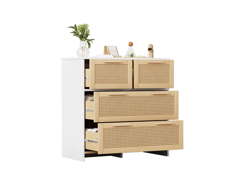  Commode 4 tiroirs cannage rotin - 80x38x80cm - meuble de rangement poignées bois - blanc &amp; naturel  - Conforama A