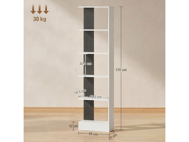  Bibliothèque moderne en bois à 5 niveaux, gain de place, 45 x 21 x 170 cm, noir et blanc  - Conforama E