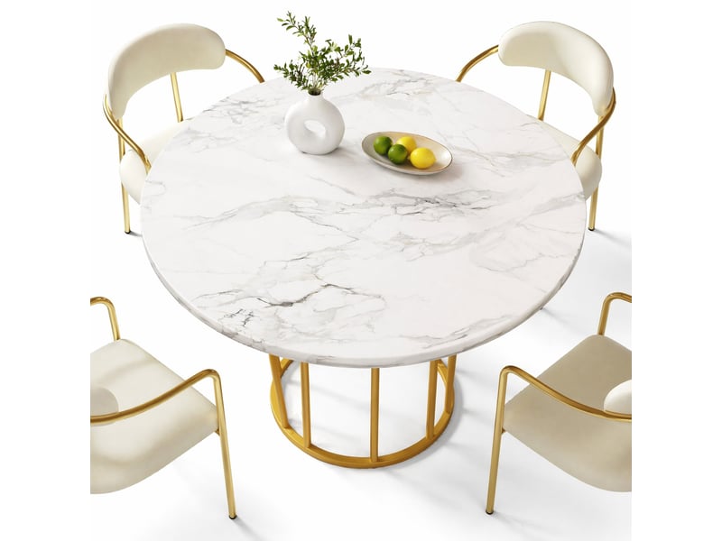  Table à manger ronde,80x80x76 cm,4 à 6 places,mdf,effet marbre blanc et métal doré  - Conforama A