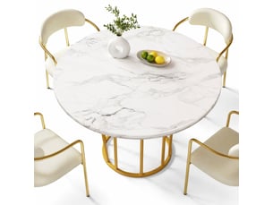 Table à manger ronde,80x80x76 cm,4 à 6 places,mdf,effet marbre blanc et métal doré