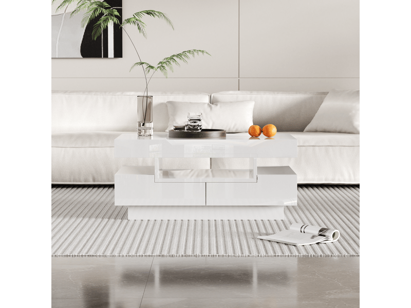  Table basse brillante avec éclairage led et 4 tiroirs, blanc, 80 x 50 x 36 cm Fay Lum - Conforama R
