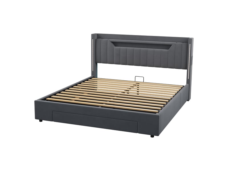  Lit double,160x200 cm,avec polsterauflage stauraum sous le lit avec schubladen,gris  - Conforama E