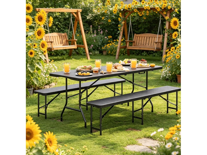  Salon de jardin pliant 180 x 74 x 70 cm noir en hdpe et métal, table et 2 bancs pour 8 à 10 personnes  - Conforama E
