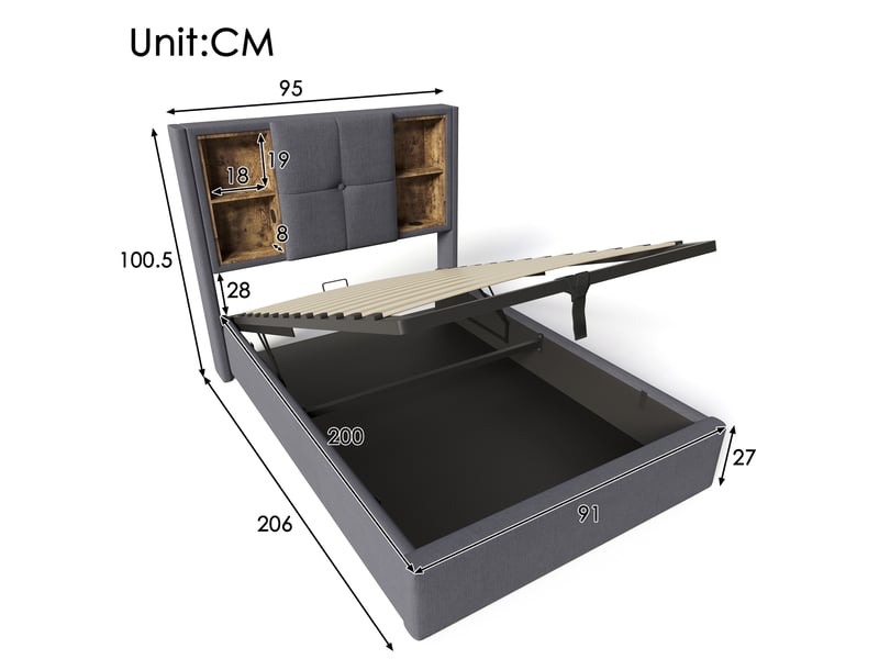 Lit coffre adulte 90x200 cm – gris – avec matelas h3, rangement relevable et recharge sans fil usb-c - Conforama C