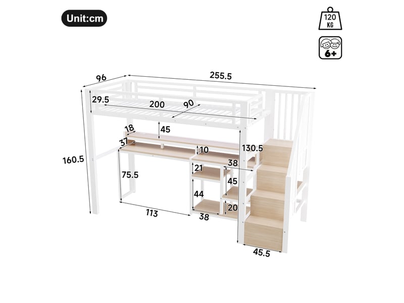 Lit mezzanine 90x200 cm avec rangements, led et ports usb et type c en métal et mdf blanc  - Conforama E