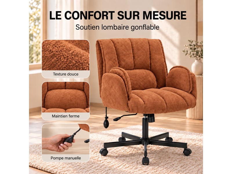  Fauteuil ergonomique tissu accoudoirs rabattables, coussin lombaire gonflable, assise large, pivot 360° 150kg-orange  - Conforama E