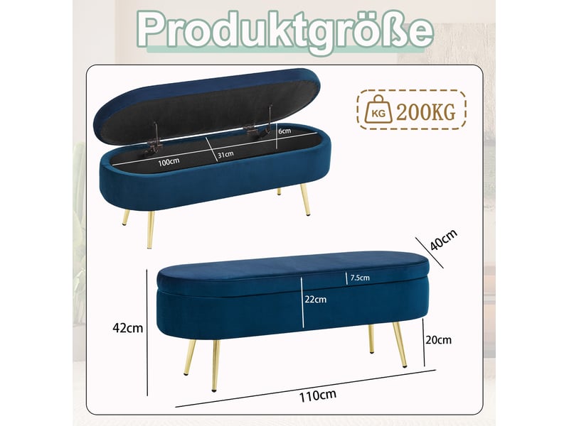  Banc de rangement 110x40x42 cm en velours bleu foncé avec coffre 20 l  - Conforama C