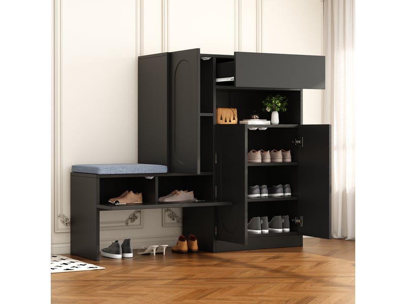  Meuble à chaussures mit banc rembourré 130x35x110 cm - avec étagères ajustables, 1 tiroir et niche - mdf - noir  - Conforama D