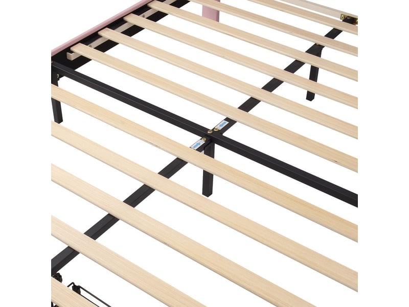 Lit enfant rembourré 140x200 cm, tête couronnearc-en-ciel, réglable 2 positions, tiroir au pied, pu, 220 kg, rose - Conforama E