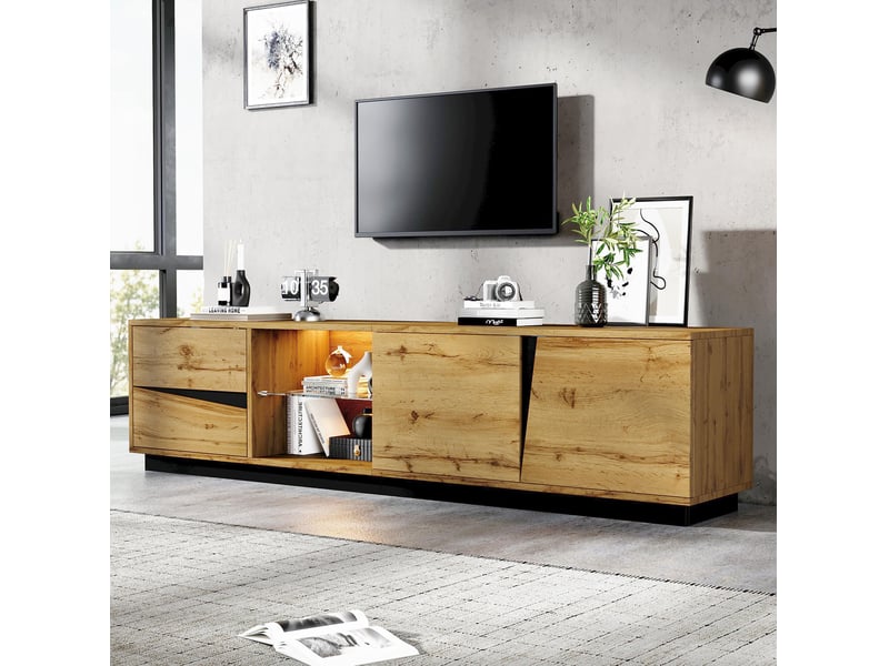  Meuble tv 180 cm en mdf bois clair et noir avec led, 2 tiroirs, 2 portes et passe-câbles pour le salon  - Conforama E