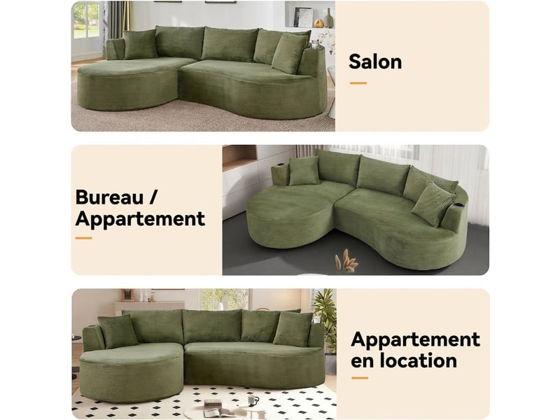  Canapé 3 places méridienne gauche design incurvé velours côtelé avec porte-gobelet vert  - Conforama D