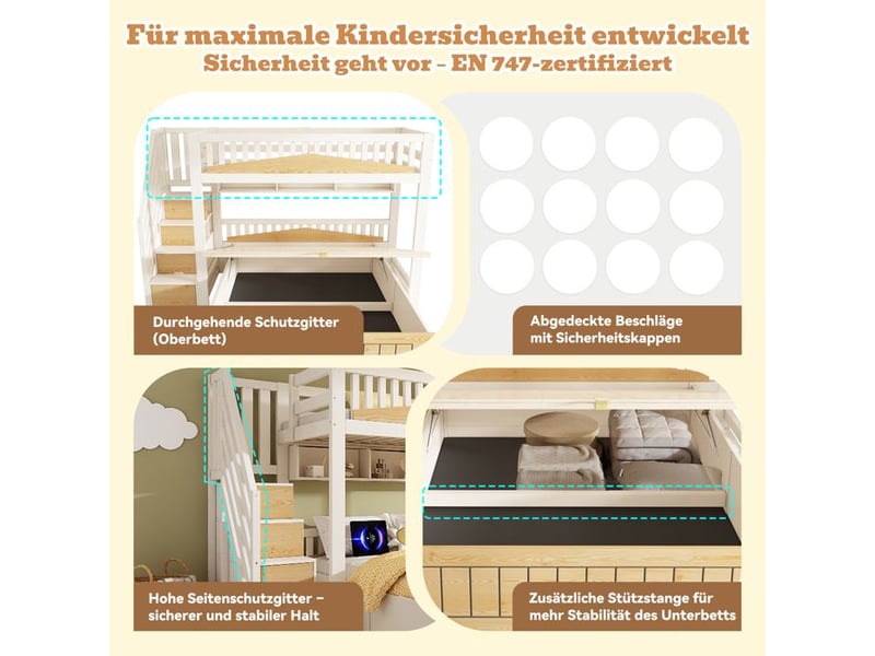  Lit superposé en bois pour enfants - 90x200 &amp; 140x200 cm - espace de rangement hydraulique - armoire escalier YJP-AB60475456789A - Conforama C