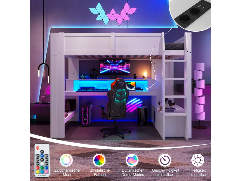  Lit mezzanine, 90 × 200 cm, blanc, tiroirs, gaming, bureau, led, étagères, sans matelas, pin et mdf, led 16 couleurs  - Conforama E