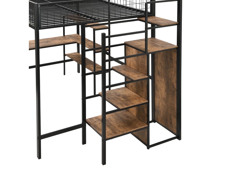  Lit mezzanine 140x200 cm, bureau, penderie et étagères, échelle avec rangement, métal et mdf, noir + marron Radiant Stride - Conforama E