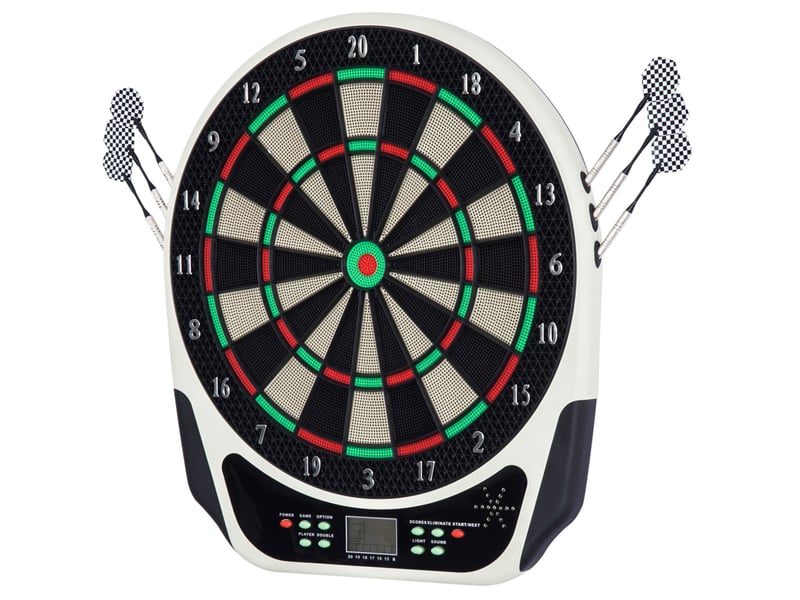  Cible de fléchettes électronique 44 x 50 cm noire en plastique, écran lcd, 18 jeux et 6 fléchettes  - Conforama A