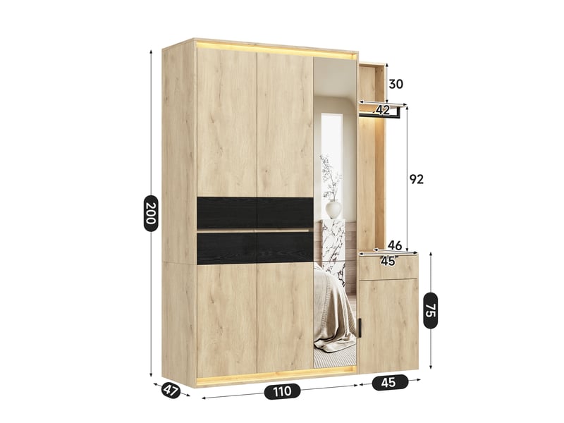 Armoire chambre 155x47x200 cm, vestiaire d'entrée moderne avec miroir et led, avec 3 tringles et 5 tiroirs, en mdf, chêne - Conforama E