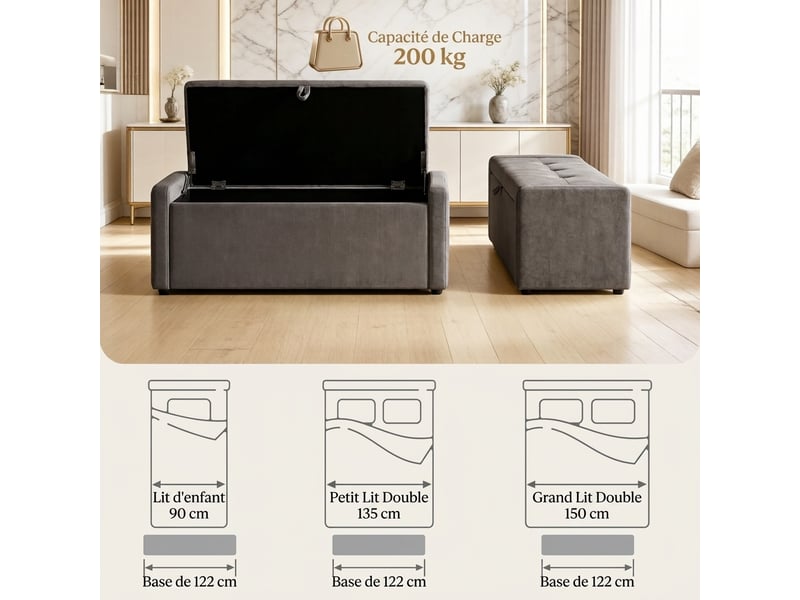  Banc de rangement gris foncé 122 cm en lin, coffre bout de lit  - Conforama C