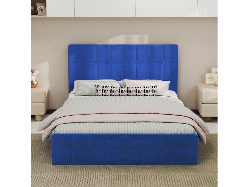  Cadre de lit rembourré modenvie en velours bleu marine 140 x 200 cm avec tête de lit et espace de rangement  - Conforama D
