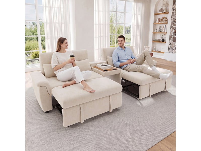  Canapé convertible en u beige, tissu chenille doux, lit double avec dossier réglable, espace animaux et porte-gobelets pour salon.  - Conforama B