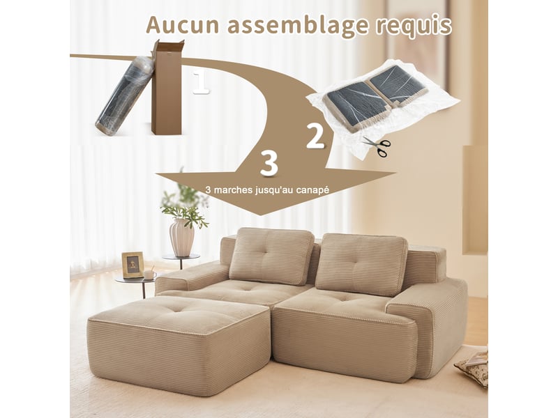 Canapé modulaire en velours côtelé - forme en l - beige - 204x177x69 cm - siège profond 74 cm - ottoman inclus  - Conforama R