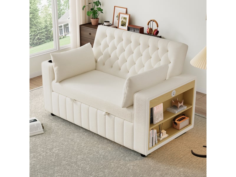 Canapé convertible 2 places avec dossier réglable, porte-gobelet, usb, étagère latérale, 2 coussins, tissu chenille - beige - Conforama C