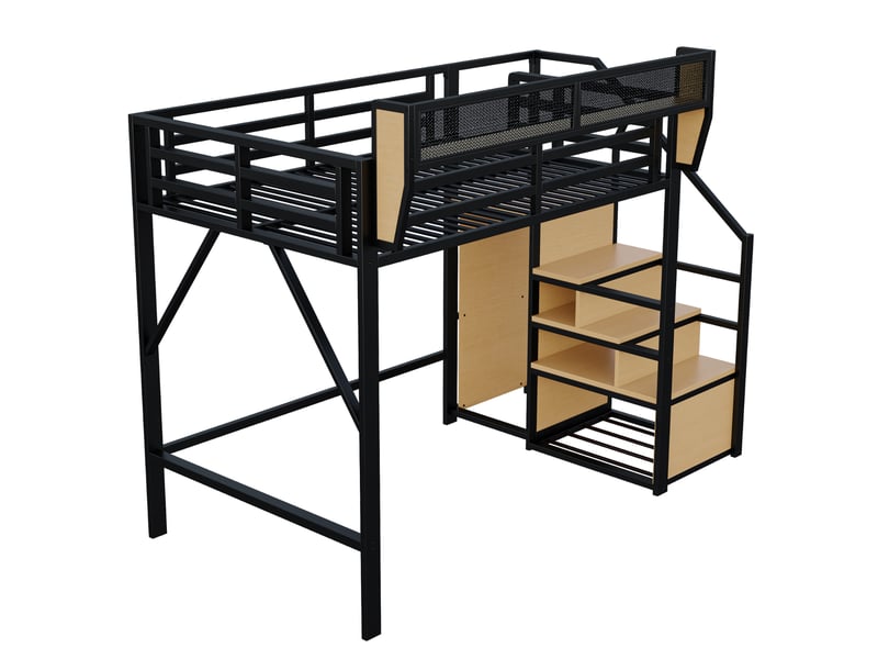 Lit mezzanine enfant 140x200 cm – noir – échelle de sécurité, étagère réglable et structure métal – sans matelas - Conforama D