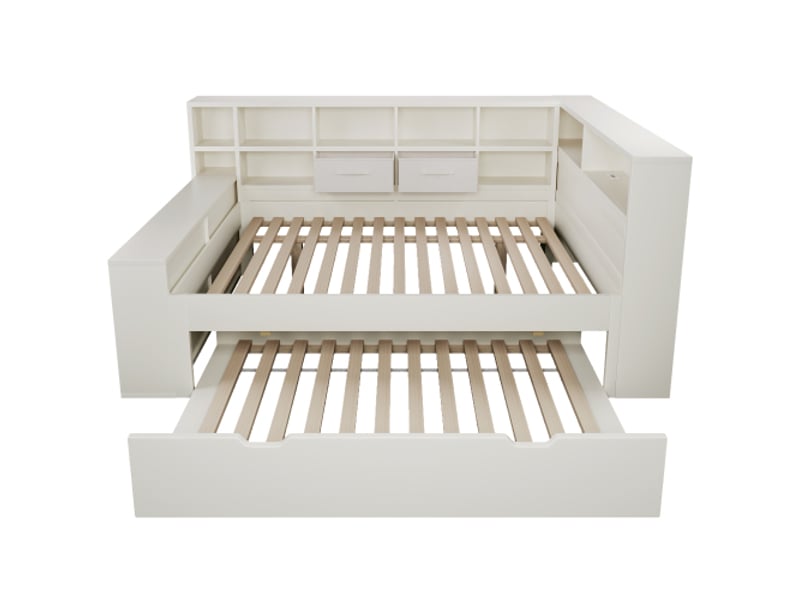  Lit gigogne 140x190 cm blanc avec couchage 90x190 cm, 8 niches de rangement, 2 tiroirs en tissu, 3 ports usb et type-c, bois de pin  - Conforama A