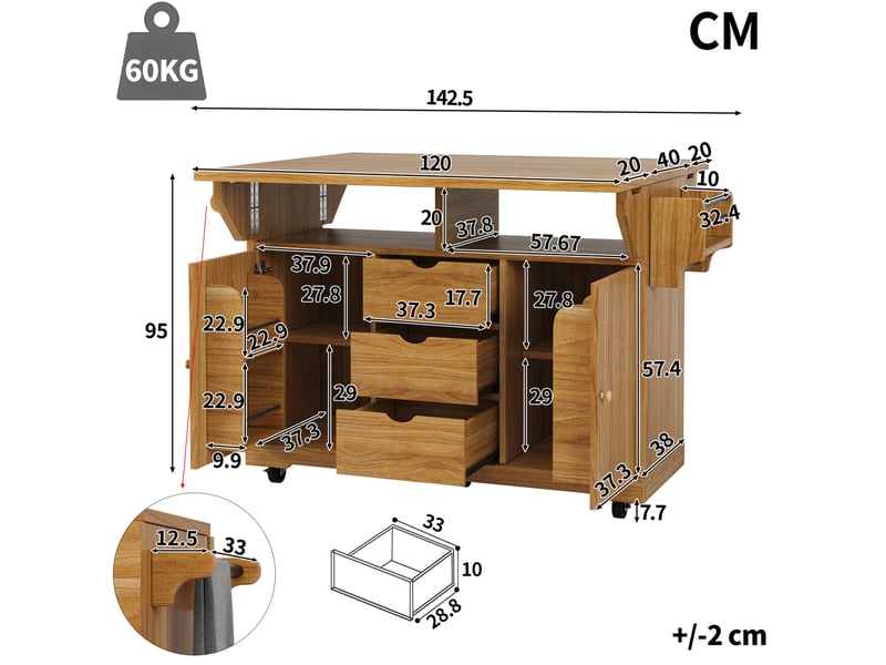  Desserte de cuisine 142.5x80x95 cm à plateaux rabattables mdf et métal brun foncé  - Conforama C