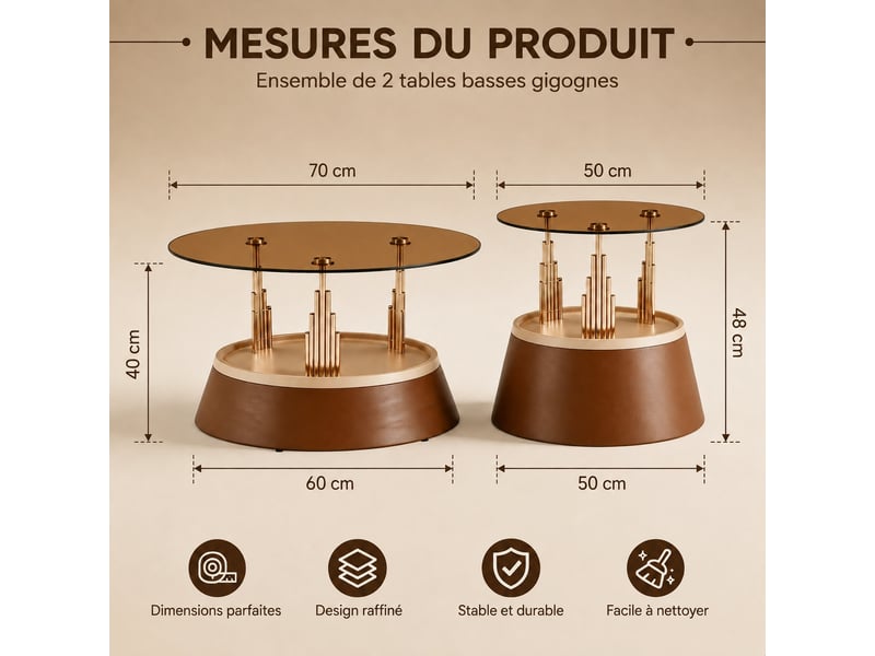  Table basse gigogne en verre, lot de 2 tables de salon rondes, plateau en verre trempé et métal, marron  - Conforama C