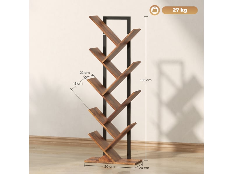 Bibliothèque arbre à 9 niveaux, meuble de rangement industriel avec cadre en acier, 50x24x136cm, brun rustique  - Conforama E
