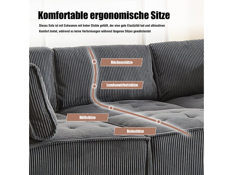  Canapé modulable 6 places gris en velours côtelé, structure bois et métal, design panoramique pour grand salon  - Conforama R