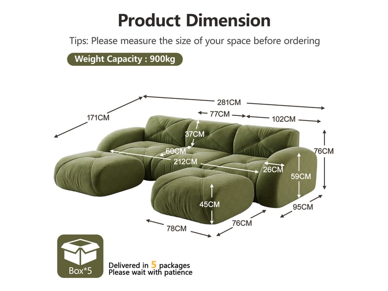  Canapé modulaire en u 3 places avec 2 poufs, assise moelleuse et design sans cadre, en chenille vert  - Conforama E
