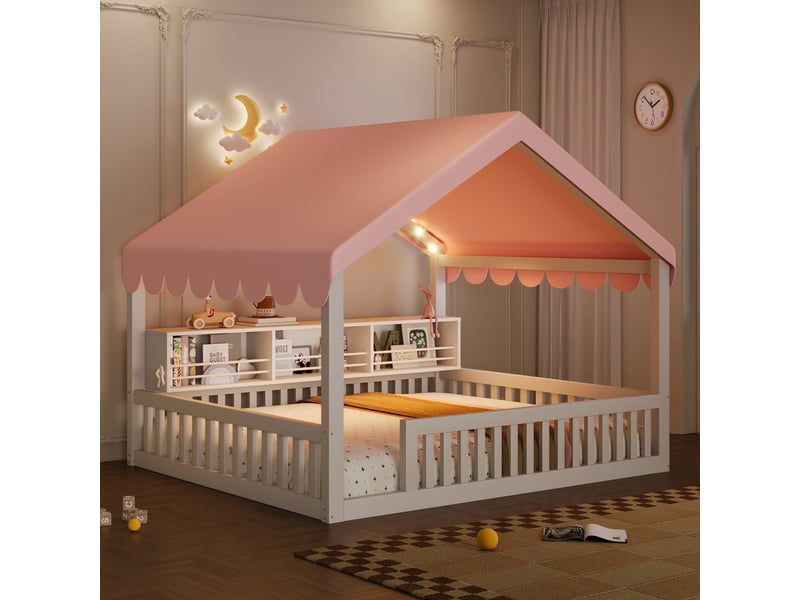  Lit enfant 140 x 200 cm, cadre de lit avec rangement, étagères ouvertes, éclairage led, barrières de sécurité, bois, blanc Morn Vibe - Conforama B