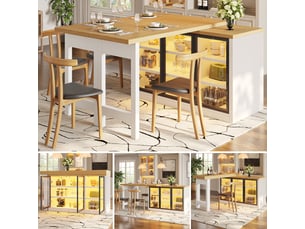 Buffet blanc extensible avec éclairage led, meuble rangement cuisine rotatif 360°, mdf et verre, 120x72 cm