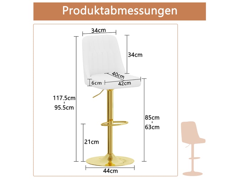  Tabouret de bar lot de 2 pivotant 360° à hauteur réglable avec dossier capitonné en simili cuir blanc et métal doré  - Conforama D