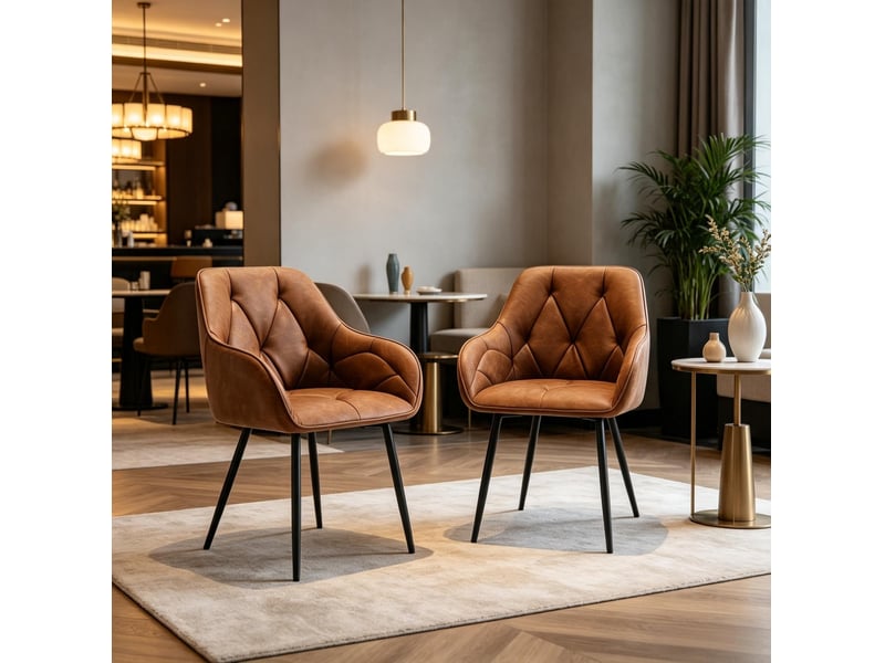  Lot de 2 chaises de salle à manger avec accoudoirs 45,5x45 cm – marron – simili cuir, pieds métal réglables  - Conforama E