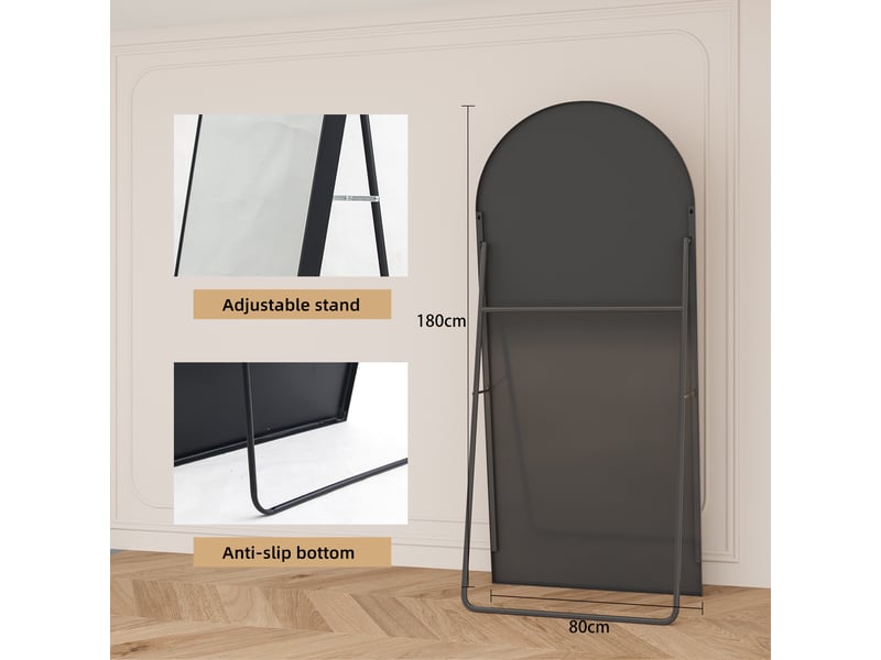  Miroir sur pied pleine longueur arqué - 180x80cm - psyché vôuté en alliage d'aluminium &amp; verre sécurisé - noir  - Conforama E