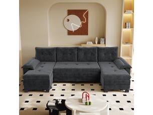 Canapé d'angle panoramique convertible <strong>MAISENTIEL</strong> <strong></strong> 4 places Tissu gris