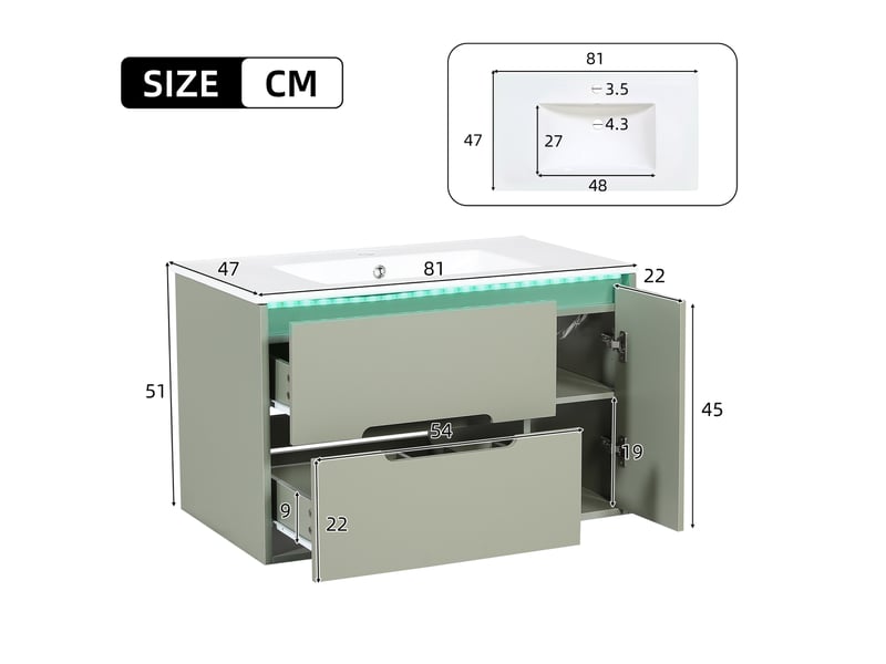 Meuble sous lavabo mural 81 cm vert avec vasque en céramique, led pilotée par application et rangement intégré - Conforama C