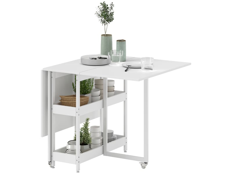  Table à manger pliante sur roulettes 4 personnes avec compartiments ouverts, pour petits espaces, blanc, salle à manger  - Conforama B