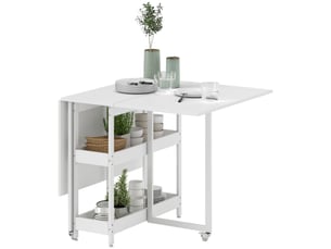 Table à manger pliante sur roulettes 4 personnes avec compartiments ouverts, pour petits espaces, blanc, salle à manger